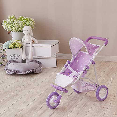 Olivia's Little World Baby Doll Jogging-Style Stroller with Canopy, Seatbelt and Storage Space, Purple and White