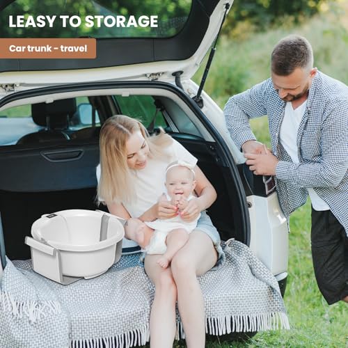 Collapsible Baby Bathtub with Soft Cushion and Thermometer, Newborn to Toddler Tub 0-36 Months with Toy Storage Mesh Bag, Portable Travel Bath for Infants (Grey)