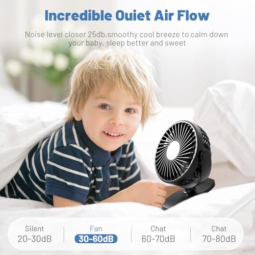 BDXXJ Portable Clip on Fan, 360° Rotate Battery Operated Stroller Fan, 3 Speed Quiet Mini Personal Table Fan, USB Rechargeable Clooing Fan for Outdoor Camping Golf Cart Stroller Home Office Black
