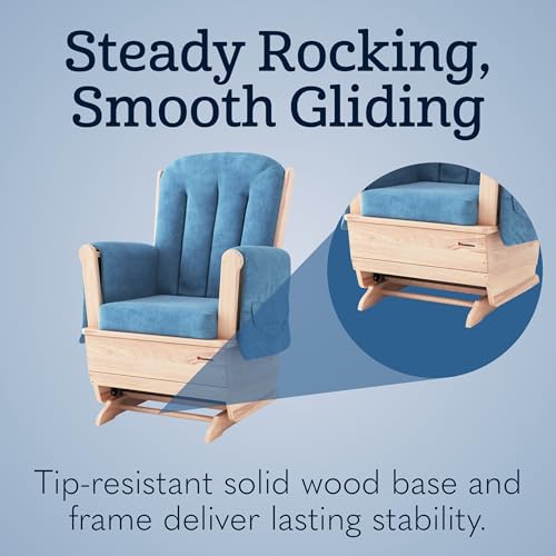 Foundations SafeRocker Standard Glider Rocker - Baby Feeding and Rocking Chair for Nursery, Daycare Environment - Nursery Rocking Chairs with Wood Skirt Base - Blue Microfiber