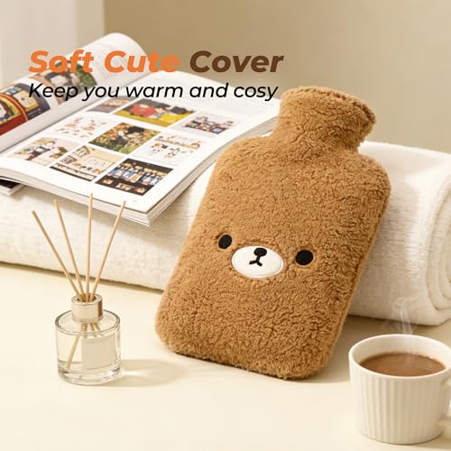 samply Hot Water Bottle with Cute Fleece Cover, Hot Water Bag for Hot and Cold Compress, Hand Feet Warmer, Ideal for Neck and Shoulder, Brown Bear