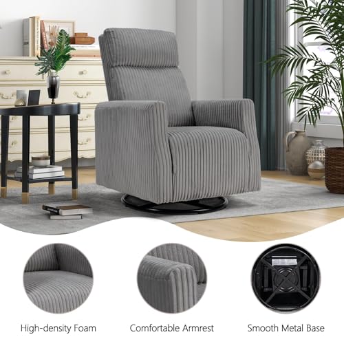 CANMOV Swivel Rocker Chair for Nursery, Swivel Accent Chair with High Back and Arms, Corduroy Glider Chair for Living Room Bedroom Nursery, Grey