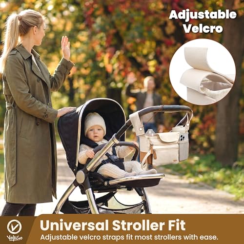 V VOLKGO Stroller Caddy with Cup Holder - Stroller Organizer Bag for Baby Travel Gear, Baby Bottle Organizer & Baby Diaper Caddy | Insulated XL 40oz, Detachable Wristlet, Premium Canvas & Natural Cork