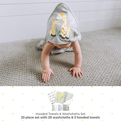 Spasilk 23-Piece Soft Terry Hooded Bath Towel and Washcloth Gift Set, 3 Baby Towels and 20 Baby Washcloths for Unisex Newborn Bath Essentials, Ideal, Gray Giraffe Safari
