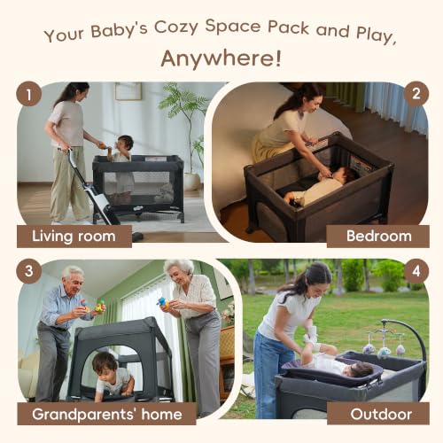 Pamo Babe Magic Fold Pack and Play with Bassinet 1 Step Set Foldable Playards Baby Playard with Changing Table Portable Playpen with Zip Door