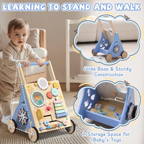 Ocean-Themed Wooden Baby Walker with Activity Center, Montessori Push Walker Toy for Babies 18 Months, Safe First Steps Baby Walking Aid for Boys & Girls