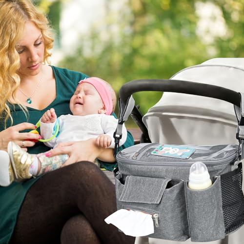 Smlper Stroller Organizer with Insulated Cup Holders - Universal Stroller Caddy Bag Fits for Uppababy, Baby Jogger, Nuna - Detachable Shoulder Strap & Large Storage for Diapers, Wipes (Grey)