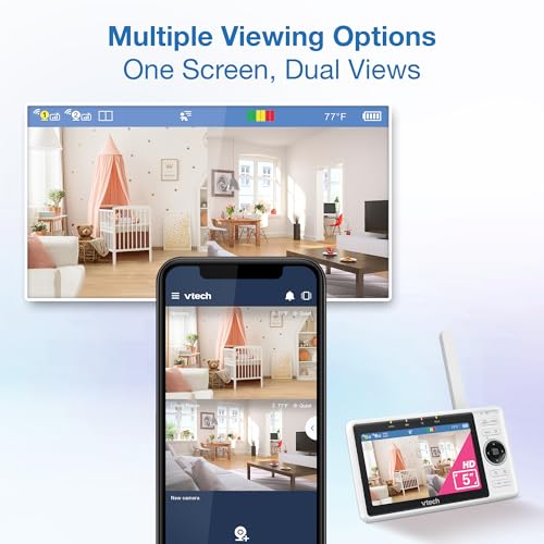 VTech Smart WiFi Baby Monitor, 2 Cameras – See Both Rooms at Home or from Anywhere, Free App, 1080p Split Screen, 5" HD Screen, Pan-Tilt-Zoom, Night Vision | VM901-2
