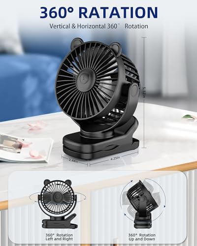 KIDEE Portable Clip on Fan, Small Desk Fan Battery Operated, 360° Rotation, Cute Design, 3 Speed, Mini Table Fan USB Rechargeable, Personal Cooling Baby Stroller Fan for Home Office Outdoor Travel