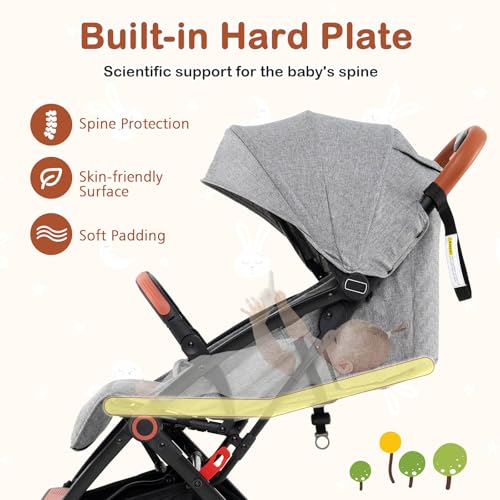HONEY JOY Travel Stroller, One-Hand Quick Fold Lightweight Umbrella Stroller for Airplane, Wrist Wrap & Net, Multi-Position Recline, Overhead Friendly Compact Stroller for Newborn and Toddler(Gray)