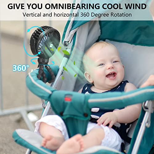 snawowo Mini Portable Baby stroller Fan, Battery Operated Personal Small Handheld Fan, 360° Rotate Flexible Tripod Rechargeable Clip On for Car Seat Crib Bike Treadmill Travel Camping Black