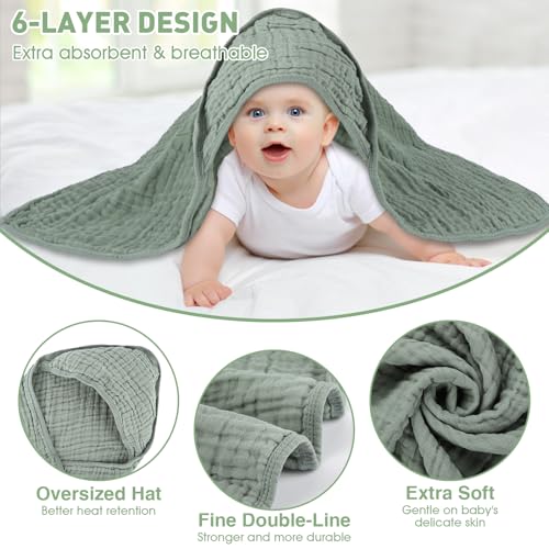 Synrroe 2 Pack Hooded Muslin Cotton Baby Towels (Green/Brown), 32 by 32 Inches, Ultra-Soft & Breathable for Baby Bath Time