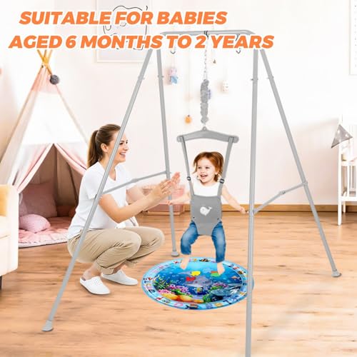 Baby Jumper with Stand, Baby Jumpers and Bouncers for Indoor and Outdoor Play, Toddler Jumper Suitable for 6-24 Months Infants, Easy to Assemble & Store, Water Mat Included (Gray)