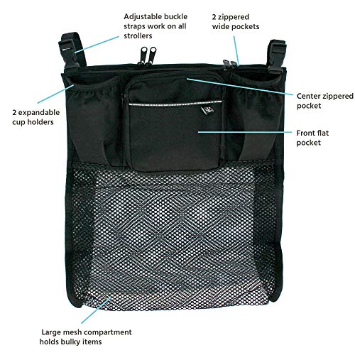 J.L. Childress Cups 'N Cargo Universal Stroller Caddy Organizer - Essential Travel Accessories for Baby Stroller, Includes Cup Holders & Mesh Storage Bag, Fits UPPAbaby, Doona, Nuna, & More - Black