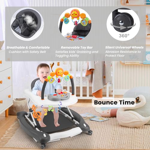 Baby Walker, 5-in-1 Baby Walkers for Boys and Girls 6-12 Months with Bouncer, Removable Footrest, Feeding Tray & Music, Foldable & Adjustable Activity Walker for 6-18 Months Toddler Infant