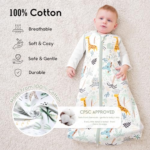 Yoofoss Baby Sleep Sack 0-6 Months 0.5 TOG Baby Wearable Blanket, 100% Organic Cotton Infant Toddler Sleeping Sack 2-Way Zipper Lightweight Sleep Sack, Giraffe
