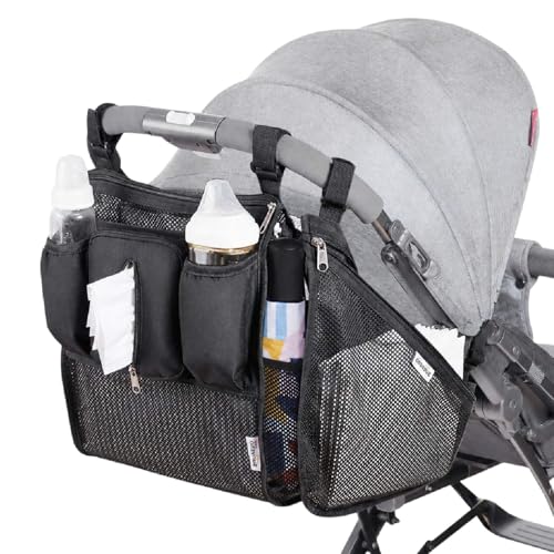 SUNVENO 2-pack Universal Stroller Organizer Caddy with Cup Holders, Wipes Pouch and Extra Storage, Zippered Mesh Side Sling for Pushchair, Black