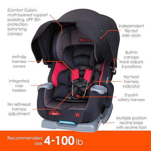 Baby Trend Cover Me™ 4-in-1 Convertible Car Seat, Scooter – Built-in Canopy, 4-Stage Growth System, Plush Comfort Padding, Multi-Position Recline