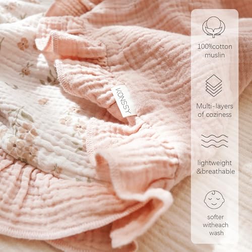 Konssy Flounce Muslin Baby Blanket for Girls Boys, 100% Cotton Soft Crib Swaddle Blankets, Reversible & Breathable Nursery Bedding for Newborns Toddlers, 43 x 39 Inches (Blossom)