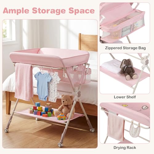BABY JOY Portable Baby Changing Table, Foldable Diaper Changing Station with Wheels, Adjustable Height, Large Storage Rack, Removable Activity Arch, Mobile Nursery Organizer for Newborn Infant (Pink)