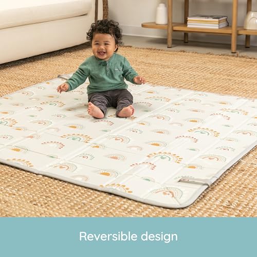 Infantino Foldable Soft Foam Play Mat, Reversible 57x57” Baby Mat for Floor Time, Lightweight, Portable & Easy to Store, Water Resistant, Wipeable, Rainbows
