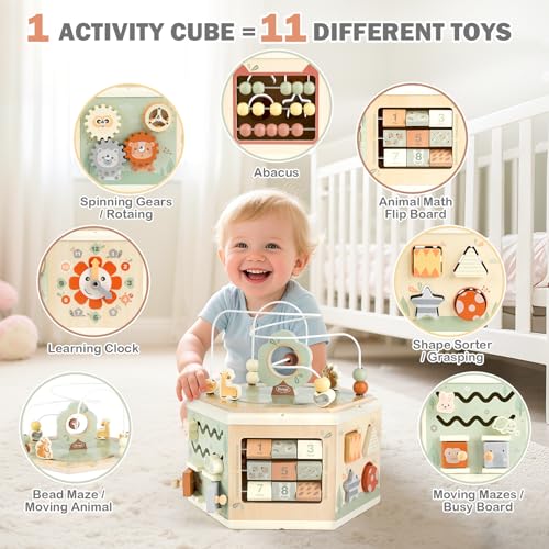 Joyreal Wooden Activity Cube - 11-in-1 Montessori Toys for 1+ Year Old Boys & Girls, Early Developmental Learning Toys for Toddlers and Kids, Ideal 1st Birthday Gift Toys for Baby(Animal Theme)