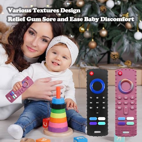 ERSIHUA 2-Pack Silicone Baby Teething Toys, TV Remote Teethers for 6-12-18 Months Infant, Fire Stick Remote Control Shape Baby Silicone Teethers, Chew Toys for Boys and Girls (New-F Black+R Purple)
