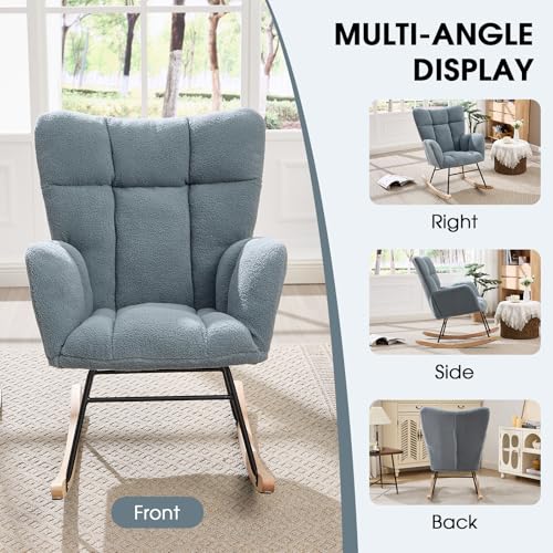 Sudwesto Nursery Rocking Chair, Teddy Upholstered Glider Chair with High Backrest, Tufted Rocker Glider Chair with Thick Cushion, Cozy Rocking Armchair, Rocker Padded Seat for Bedroom(Blue)