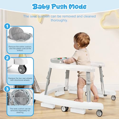 Tickeagle 5-in-1 Baby Walker for Boys and Girls Music and Lights 6-18 Month, Foldable Baby Walkers with 5 Adjustable Heights, Infant Toddler Walker with Wheels and Bouncer Combo Portable (White)