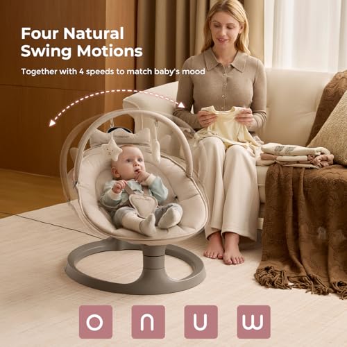 Momcozy 2-in-1 Electric Baby Swing, Dual-Arm Support System & Parent-Inspired Motions, Convertible to Toddler Seat up to 66 lbs, Adjustable Height, Lightweight, Khaki