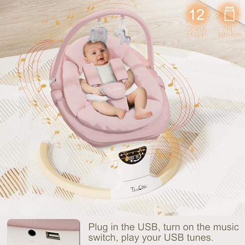 TimChic Baby Swings for Infants, Portable Infant Swing with 5-Speeds, 3-Adjustable Height, 3 Timer & 12 Preset Melodies, Mutil-Function Electric Swing for Baby, Indoor & Outdoor Use (Pink)