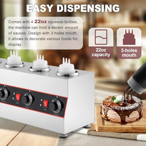 Saladulce Sauce Warmer Dispenser Sauce Bottle Warmer Nacho Cheese Warmer Dispenser with 650ml Bottles, Bottle Warmer for Cheese Hot Fudge Caramel, 86-185℉110V