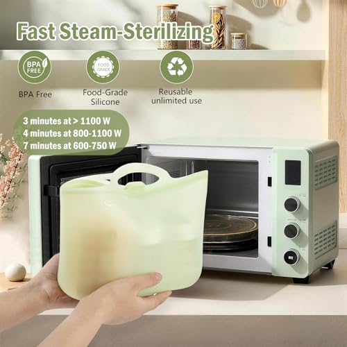 Silicone Travel Bottle Sterilizer Bags | 2000ml Microwave Steam Sterilizer Bags for Baby Bottles, Breast Pump & Pacifiers, Reusable Steam Sterilizing Bags for Travel and Home Use (Clear Milk White)