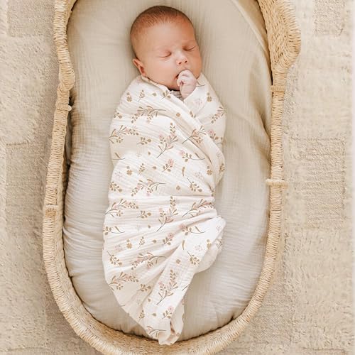 Konssy Muslin Swaddle Blankets for Girls Boys 2 Pack, 100% Cotton Receiving Baby Blanket Large 47 x 47 inches, Soft Breathable Swaddling Wrap for Unisex Newborn (Pink, Floral)