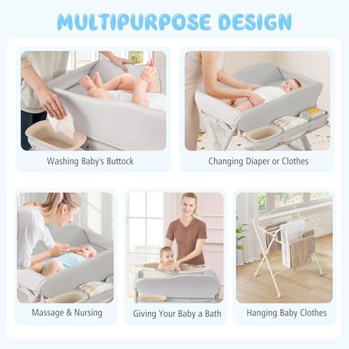 BABY JOY Portable Baby Changing Table, Foldable Diaper Changing Station w/Wheels, Adjustable Height, Large Storage Rack, Water Basin, Safety Belt, Mobile Nursery Organizer for Newborn Infant (Gray)