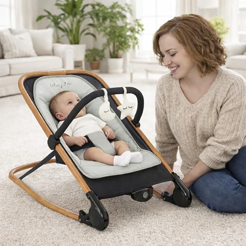Dream On Me Rock On Me 2-in-1 Baby Rocker and Stationary Seat, Adjustable Recline, Gentle Music & Vibration, 3-Point Safety Harness, Detachable Toy Bar, Folds Compact for Travel – Black & Grey