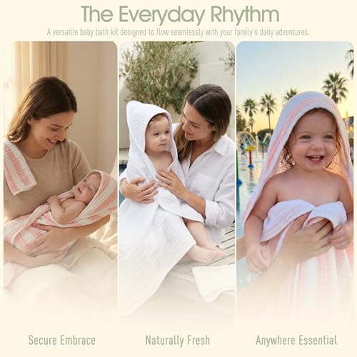 HardNok Muslin Hooded Baby Towel 4 Pack, 100% Organic Premium Cotton, (2) 6-Layer 32x32 Bath Towels & (2) Washcloths, Soft Newborn & Infant Gift Set (Pink Stripe & White)