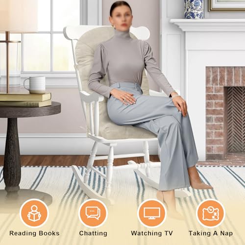 ROFIEJOX Rocking Chair Cushion - Soft Chenille Fabric Seat Pad with Tufted Design, Non-Slip Bottom and Secure Ties, for Nursery Glider, Adirondack and Indoor Rocker Chair, 44x19x4 Inch, Oyster White