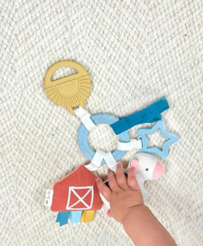 Itzy Ritzy Teething Toy Gift Set - Includes Cow Lovey & Barn-Themed Busy Ring Car Seat and Stroller Toy - Features Crinkle Sounds, Engaging Textures & Silicone Teething Relief (Farm)