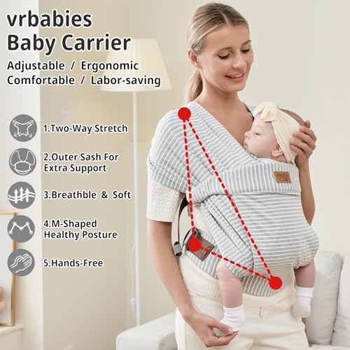 vrbabies Baby Wraps Carrier Newborn to Toddler, Kangaroo Baby Easy Wearing Wrap, Adjustable Soft Baby Holder Front Chest Sling Carriers Perfect Infant Essentials Gifts (Striped Grey, Cotton)