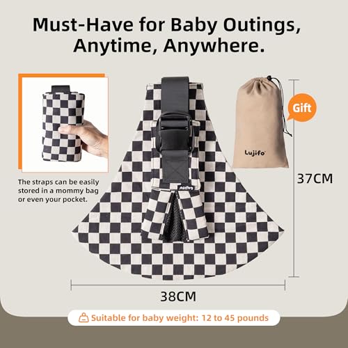 Lujifo Baby Sling Carrier, Premium Cotton Blend Baby Carrier for Toddlers, Adjustable & Breathable Toddler Carrier with Ventilated Straps, Lightweight & Travel-Friendly Design (Ebony Check)