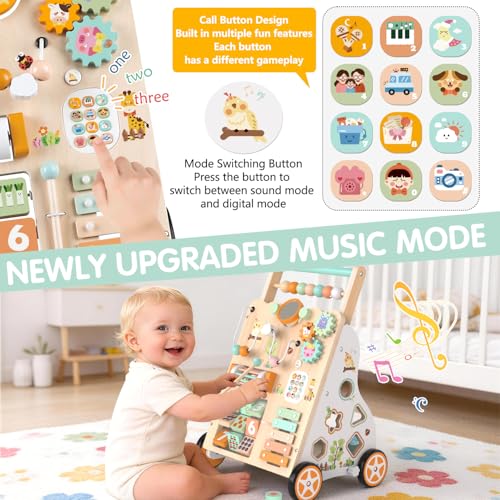 Wooden Baby Walker with Wheels, Push Walker with Baby Activity Center, Montessori Walking Toy for Girls Boys, Adjustable Speed & Height Activity Toy for Toddler Learning to Walk 12+ Months (Natural)