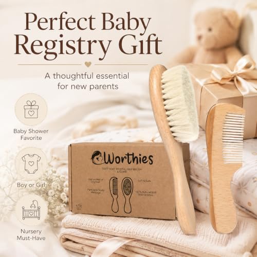 Worthies Baby Hair Brush and Comb Set, Wooden Newborn Brush with Soft Goat Hair Bristles, Gentle Infant Scalp Brush & Toddler Comb, Baby Grooming Kit, Cradle Cap Care, Registry Gift, 2 Count