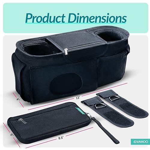 Swanoo Stroller Caddy Organizer With Cup Holder, Non Slip Straps Bag for Phone, Pet Stroller Accessories, Universal Fits Uppababby Vista v2 Wonderfold Wagon, Doona and More