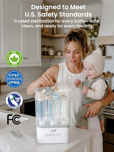 Grownsy Bottle Sterilizer and Dryer, 6 Bottles Capacity, Space Saving Nesting Design Bottle Sanitizer Esterilizador de Biberones for All Size Bottles & Breast Pump Accessories, Travel Set Included