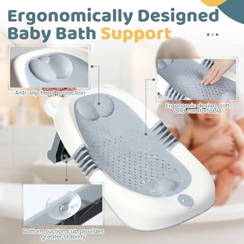 Orzbow Baby Bath Support, Foldable Newborn Bathtub 0-6 Months, Non-Slip Soft Baby Bath Tub with Suction Cups, Ergonomic Design, Newborn Infant Essentials Must Haves, Gray
