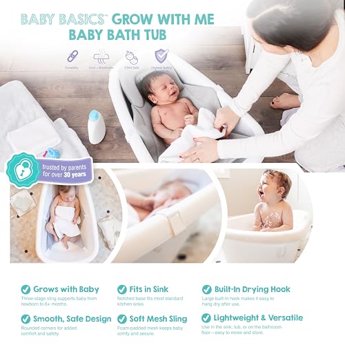 Regalo Baby Basics 3-in-1 Grow with Me Baby Bathtub with Foam Padded Air Mesh Sling, Adjustable Infant Bath Tub for Newborn to Toddler, Baby Bath Seat Support, Easy Clean with Drying Hook