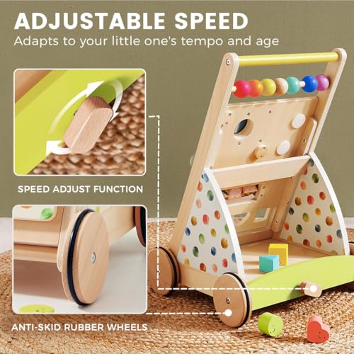 Tiny Land Wooden Baby Walker with Adjustable Speed, Montessori Activity Push Walker Toy for Toddlers, Colorful Learning Walker for Boys & Girls (Rainbow)