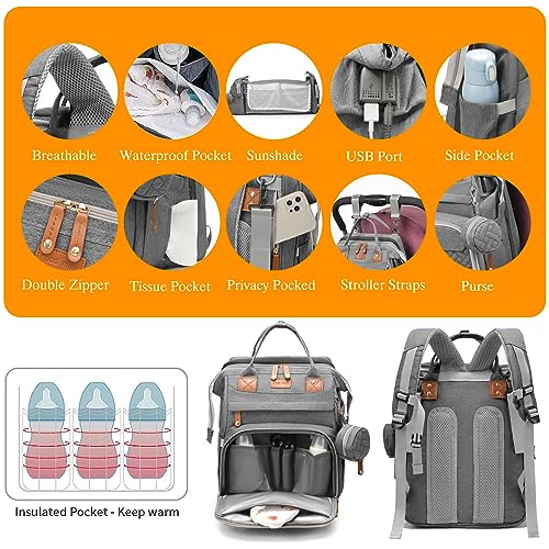 Astro alan Baby Diaper Bag with Changing Station, Waterproof Diaper Bag Backpack for Moms Dads with USB Charging Port, Baby Shower Gifts, Large Capacity diaper backpack, Grey