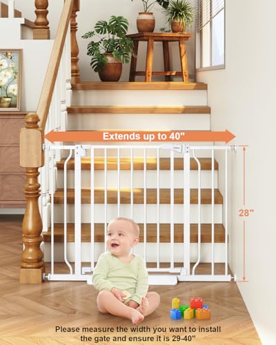 Cideny Baby Gate No Drilling, 29"-40" Auto Close Dog Gate Indoor for Doorways & Stairs, Pressure Mounted Adjustable Pet Gate, Easy Walk Through Child Gate for Children & Pets Stroller Friendly, White